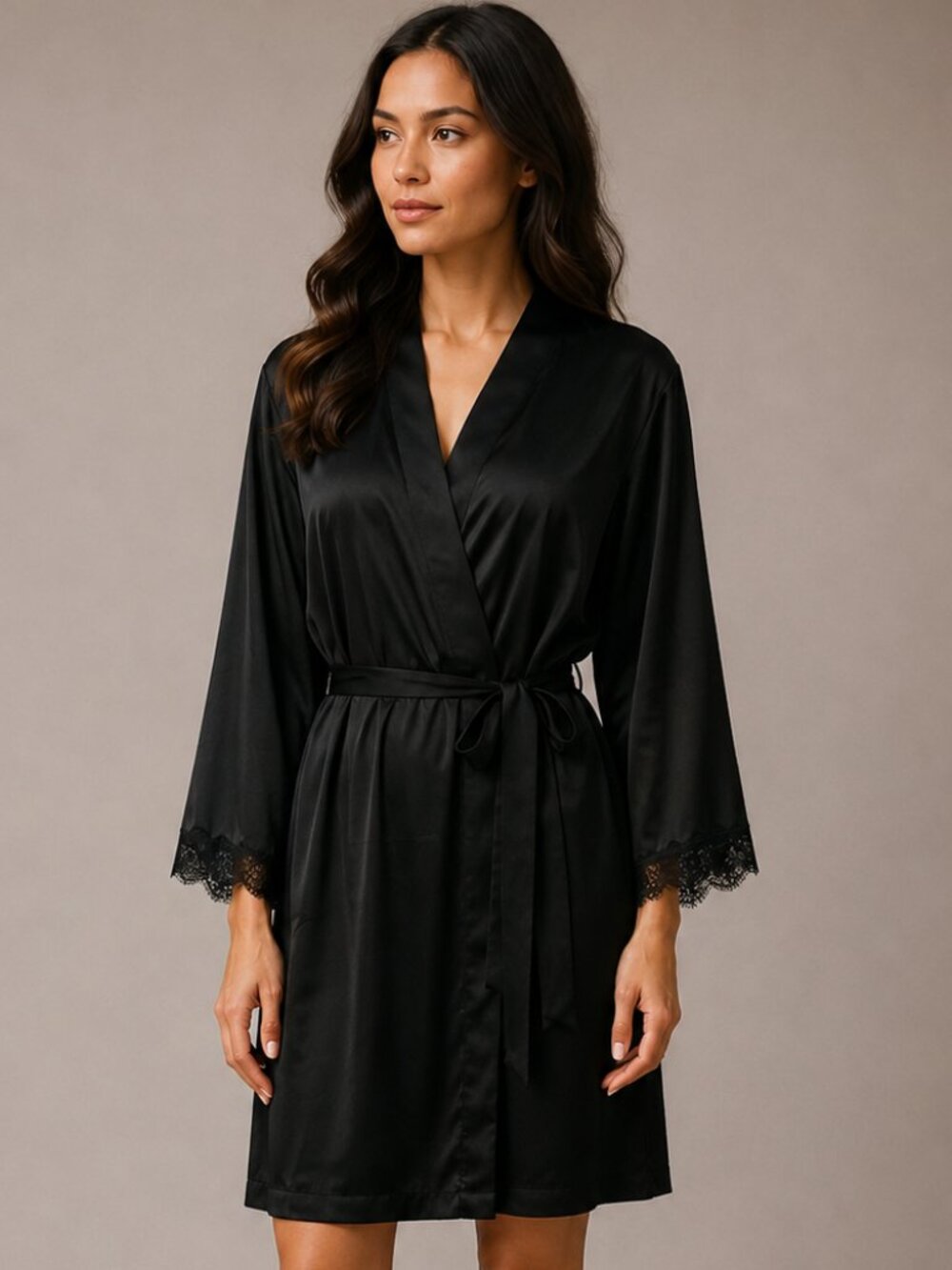 I.N.C. International Concepts Black Satin Robe XS Lace Trim NWT Bridal Lingerie